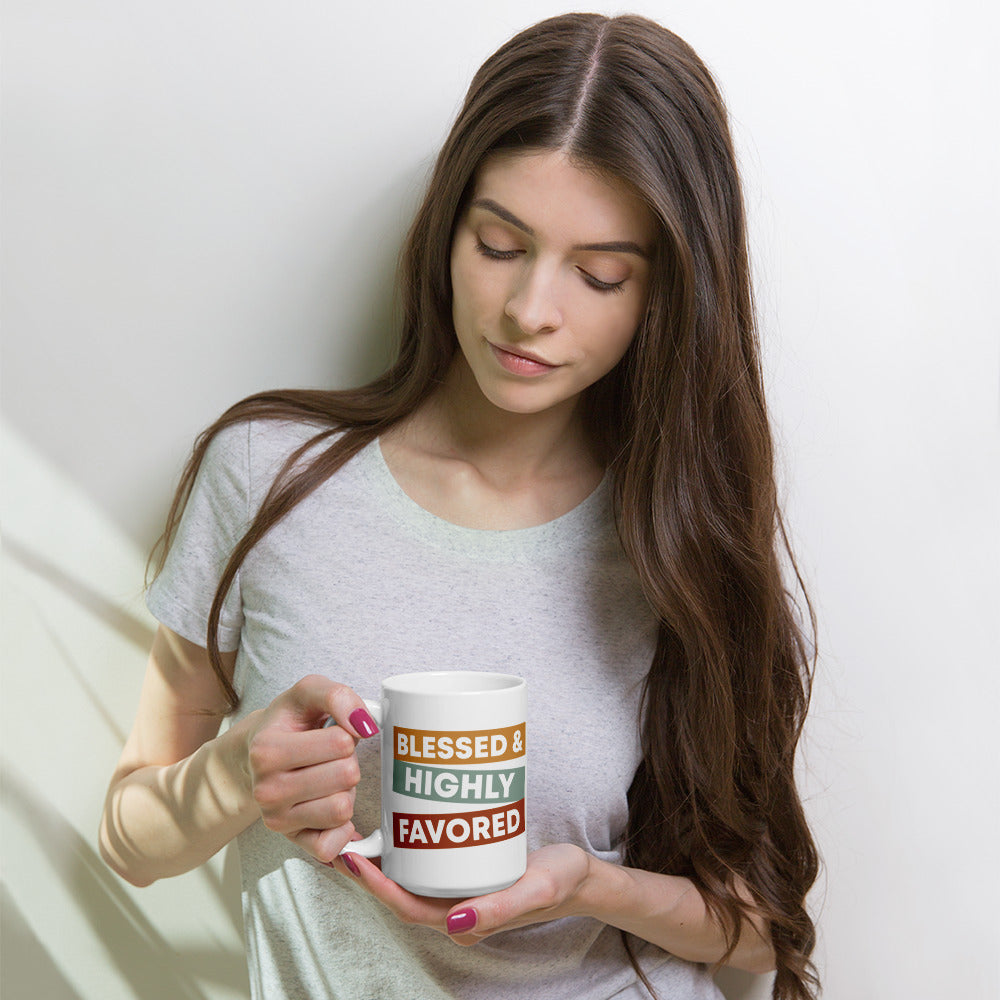Blessed & Highly Favored. White glossy mug