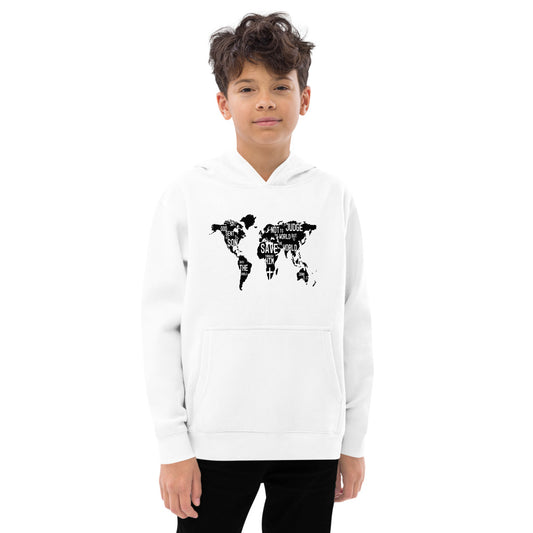 Inspirational messages on world map on kids hoodie