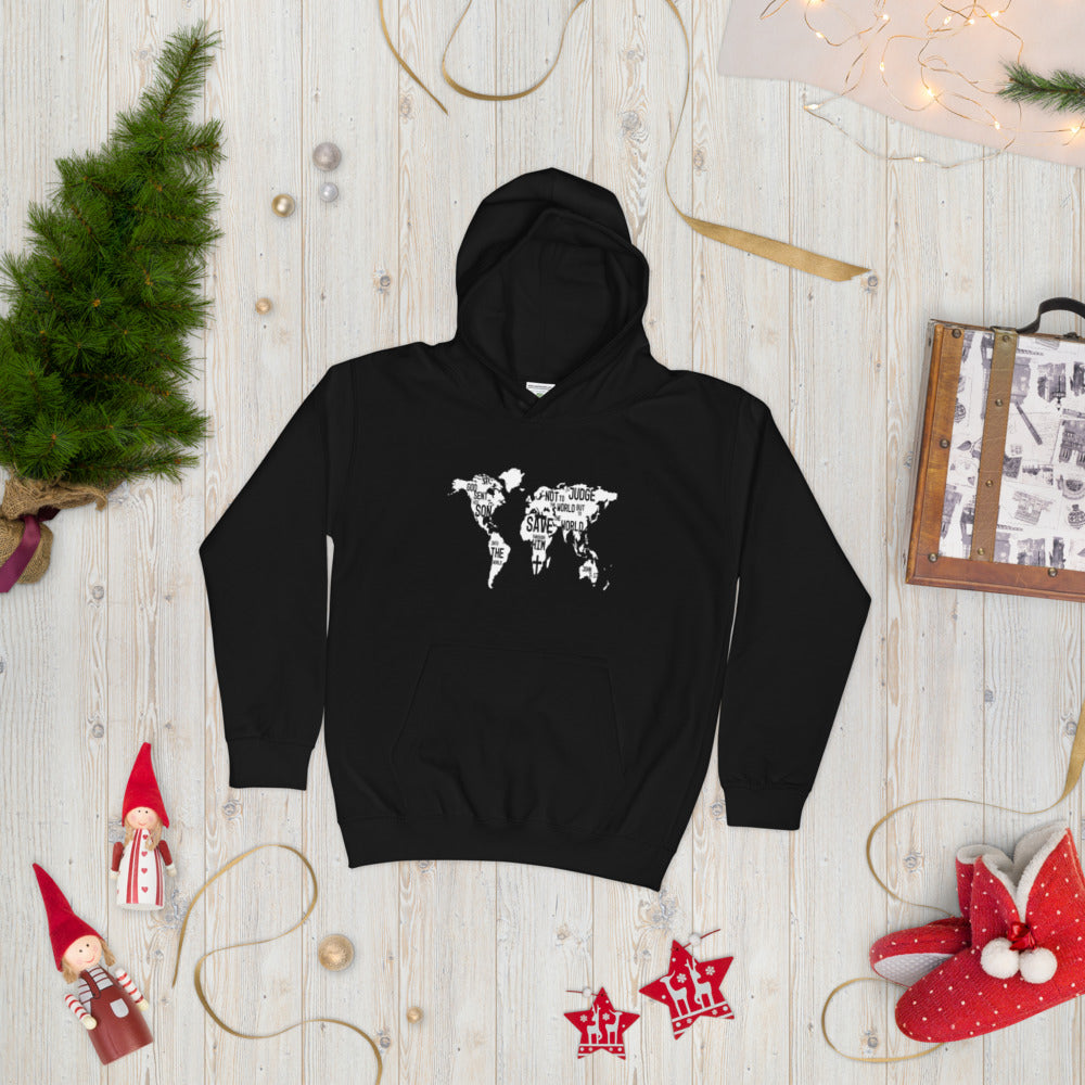 Inspirational messages in world map on black Kids Hoodie