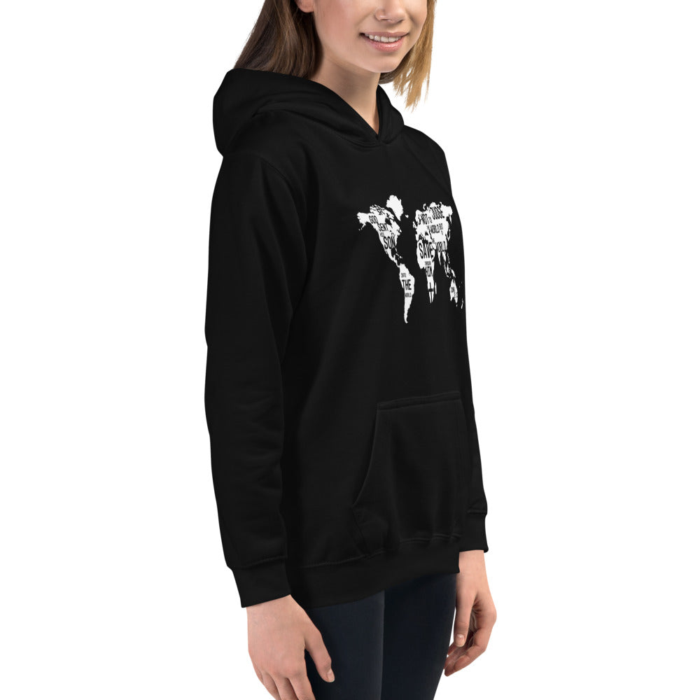 Inspirational messages in world map on black Kids Hoodie